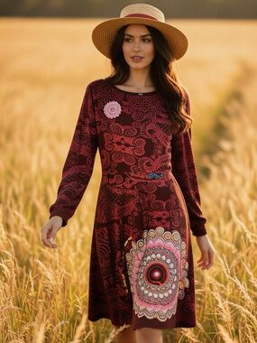 Desigual Maroon and Red Paisley Fit-and-Flare Dress Size L